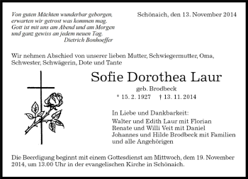 Traueranzeige von Sofie Dorothea Laur von Kreiszeitung Böblinger Bote
