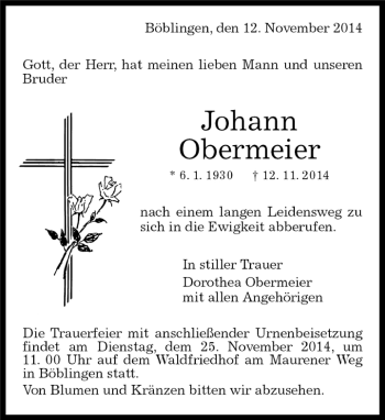 Traueranzeige von Johann Obermeier von Kreiszeitung Böblinger Bote