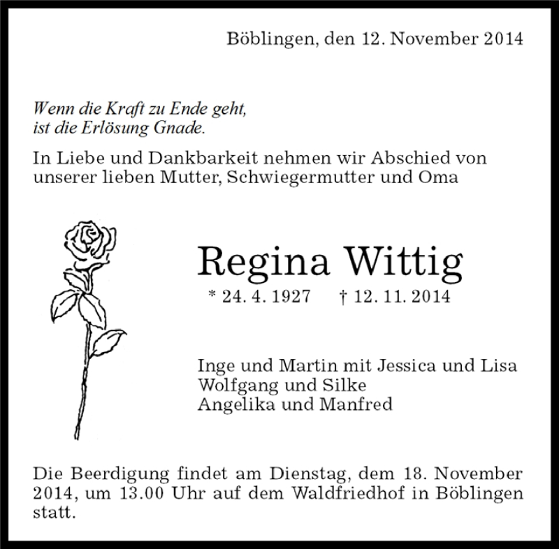  Traueranzeige für Regina Wittig vom 15.11.2014 aus Kreiszeitung Böblinger Bote