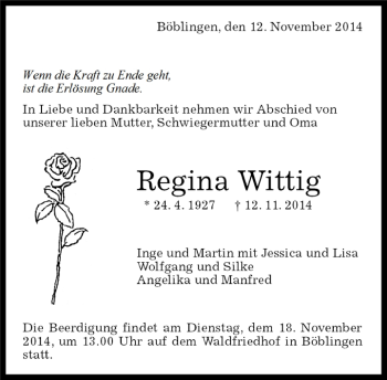 Traueranzeige von Regina Wittig von Kreiszeitung Böblinger Bote