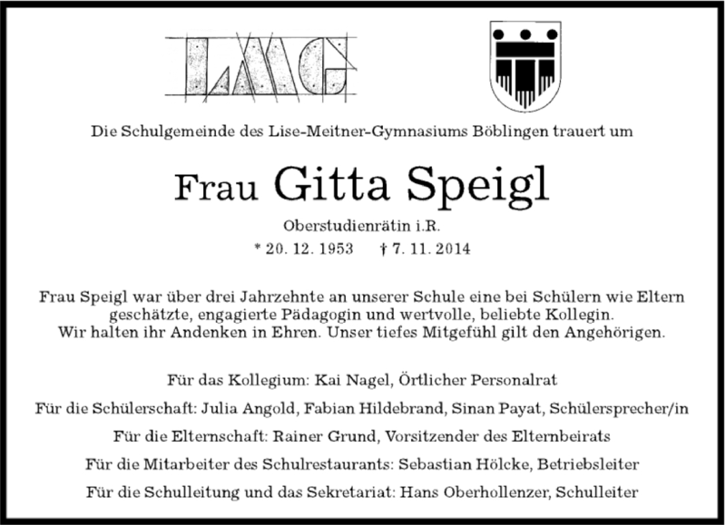  Traueranzeige für Gitta Speigl vom 17.11.2014 aus Kreiszeitung Böblinger Bote