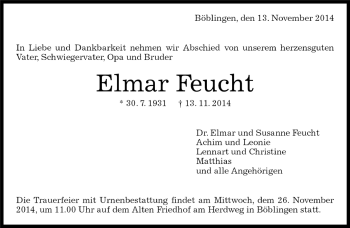 Traueranzeige von Elmar Feucht von Kreiszeitung Böblinger Bote