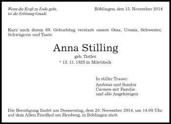 Traueranzeige von Anna Stilling von Kreiszeitung Böblinger Bote