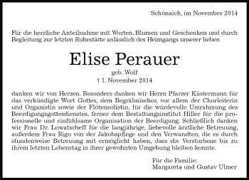 Traueranzeige von Elise Perauer von Kreiszeitung Böblinger Bote