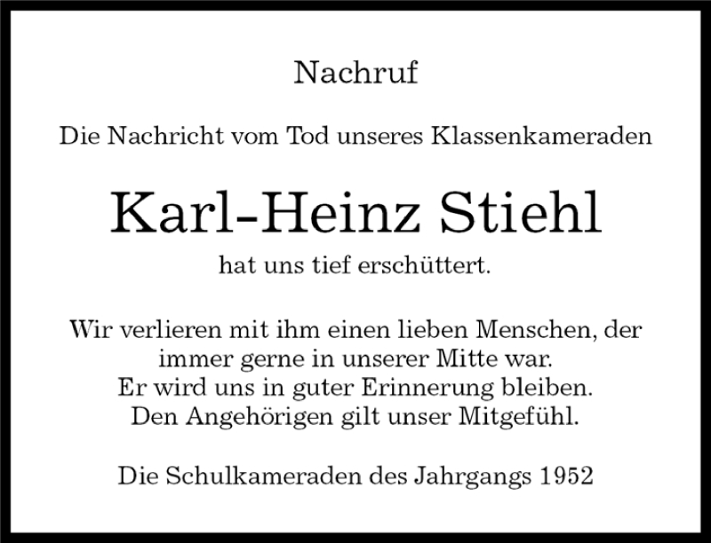  Traueranzeige für Karl-Heinz Stiehl vom 21.11.2014 aus Kreiszeitung Böblinger Bote