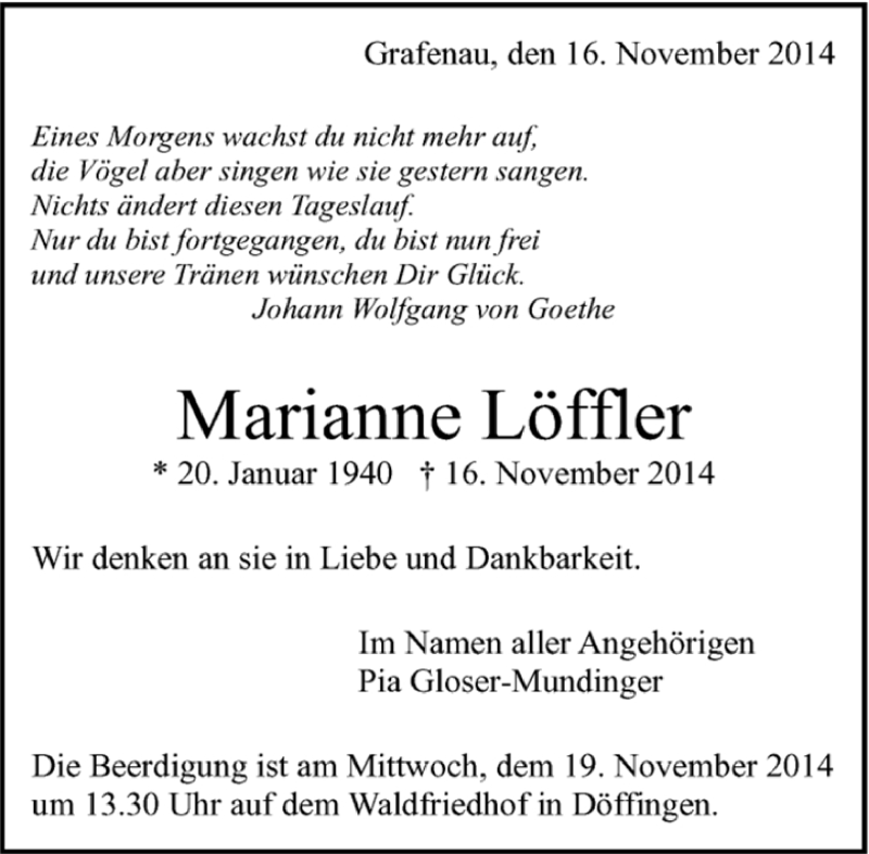  Traueranzeige für Marianne Löffler vom 18.11.2014 aus Kreiszeitung Böblinger Bote