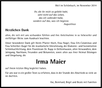 Traueranzeige von Irma Maier von Kreiszeitung Böblinger Bote