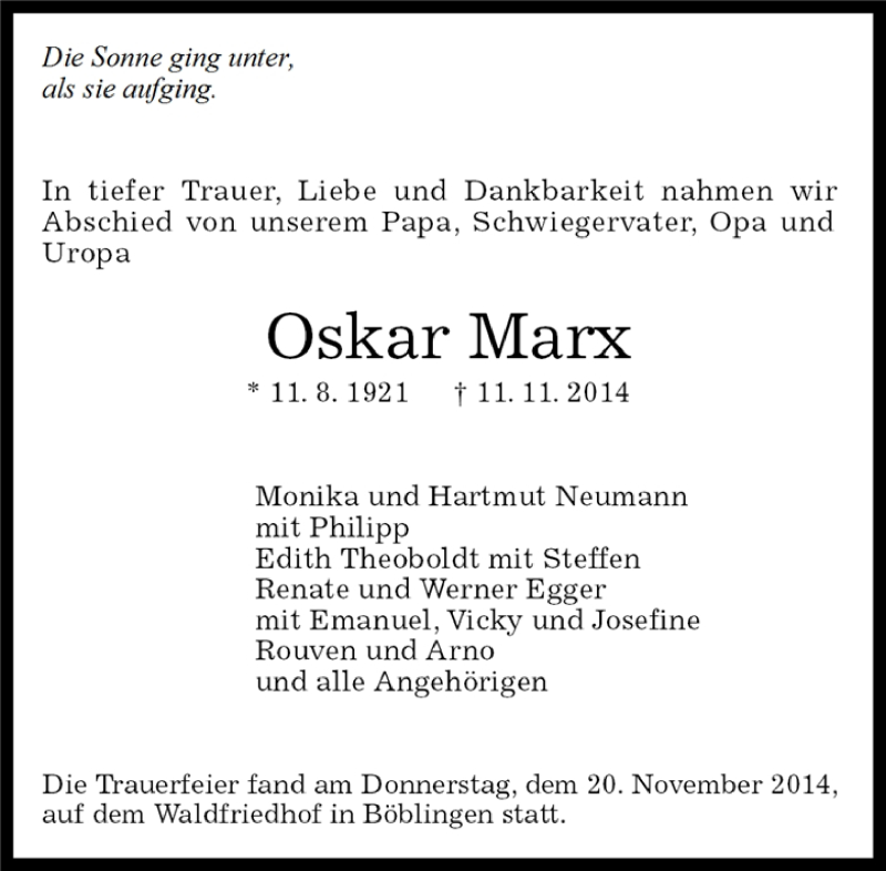  Traueranzeige für Oskar Marx vom 22.11.2014 aus Kreiszeitung Böblinger Bote