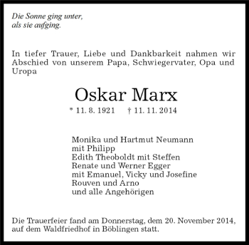 Traueranzeige von Oskar Marx von Kreiszeitung Böblinger Bote