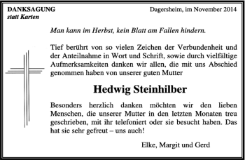 Traueranzeige von Hedwig Steinhilber von Kreiszeitung Böblinger Bote
