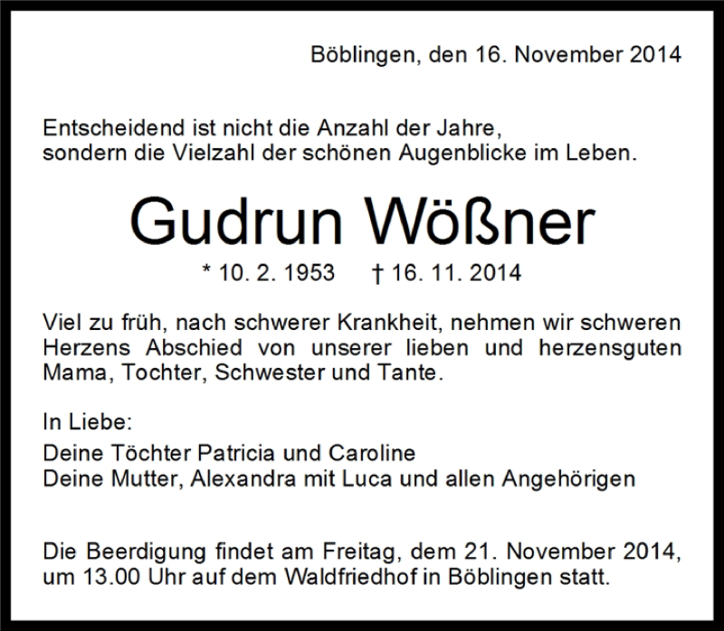  Traueranzeige für Gudrun Wößner vom 19.11.2014 aus Kreiszeitung Böblinger Bote
