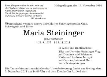 Traueranzeige von Maria Steininger von Kreiszeitung Böblinger Bote
