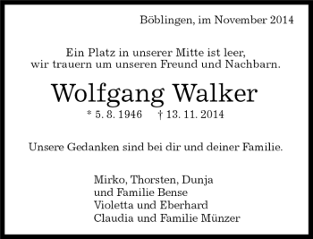 Traueranzeige von Wolfgang Walker von Kreiszeitung Böblinger Bote