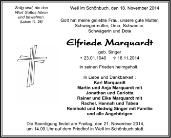 Traueranzeige von Elfriede Marquardt von Kreiszeitung Böblinger Bote