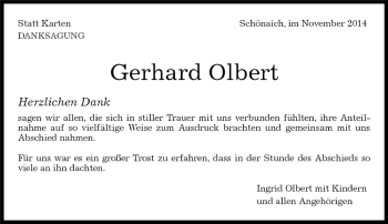 Traueranzeige von Gerhard Olbert von Kreiszeitung Böblinger Bote