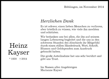 Traueranzeige von Heinz Kayser von Kreiszeitung Böblinger Bote