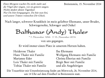 Traueranzeige von Balthasar Thaler von Kreiszeitung Böblinger Bote