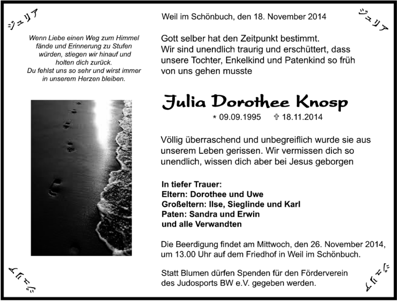  Traueranzeige für Julia Dorothee Knosp vom 22.11.2014 aus Kreiszeitung Böblinger Bote