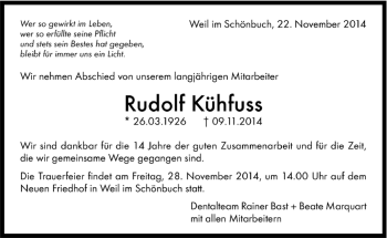 Traueranzeige von Rudolf Kühfuss von Kreiszeitung Böblinger Bote
