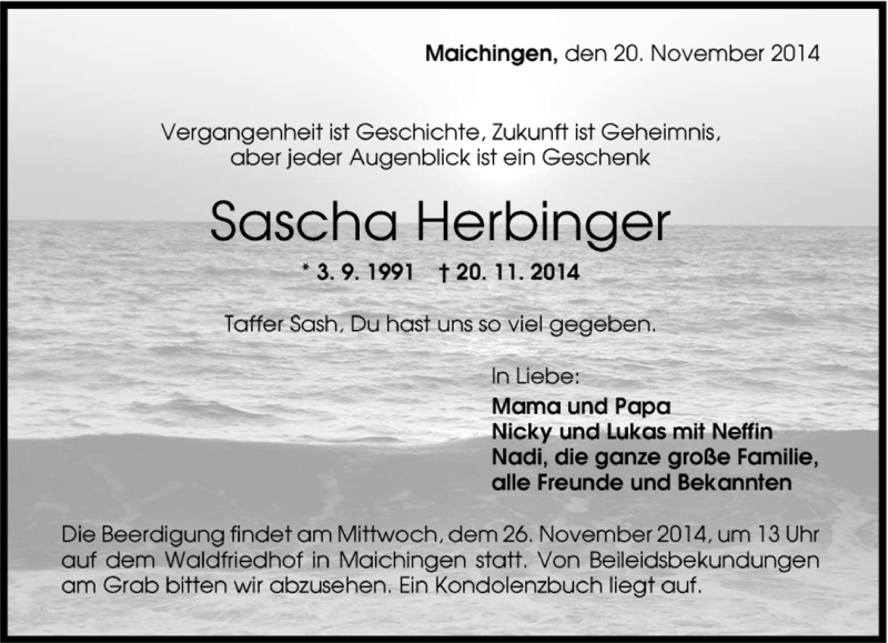  Traueranzeige für Sascha Herbinger vom 22.11.2014 aus Kreiszeitung Böblinger Bote