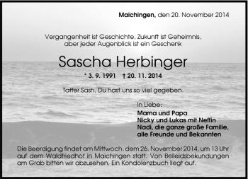 Traueranzeige von Sascha Herbinger von Kreiszeitung Böblinger Bote