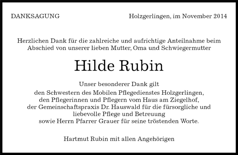  Traueranzeige für Hilde Rubin vom 25.11.2014 aus Kreiszeitung Böblinger Bote
