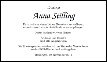 Traueranzeige von Anna Stilling von Kreiszeitung Böblinger Bote