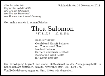 Traueranzeige von Thea Salomon von Kreiszeitung Böblinger Bote