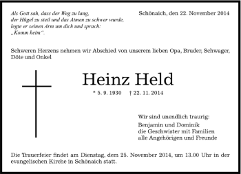 Traueranzeige von Heinz Held von Kreiszeitung Böblinger Bote