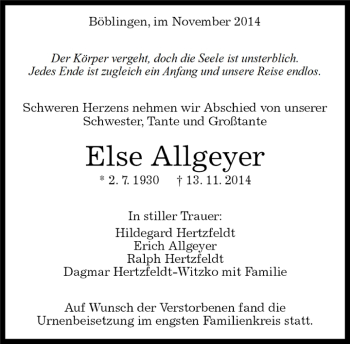 Traueranzeige von Else Allgeyer von Kreiszeitung Böblinger Bote