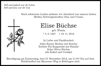 Traueranzeige von Elise Buchse von Kreiszeitung Böblinger Bote