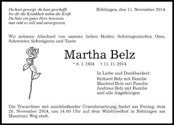 Traueranzeige von Martha Belz von Kreiszeitung Böblinger Bote