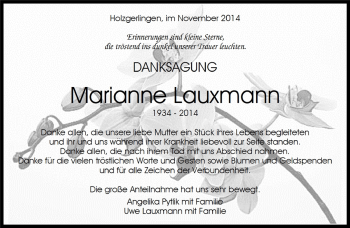 Traueranzeige von Marianne Lauxmann von Kreiszeitung Böblinger Bote