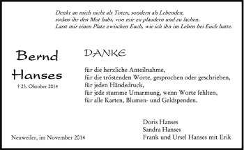 Traueranzeige von Bernd Hanses von Kreiszeitung Böblinger Bote