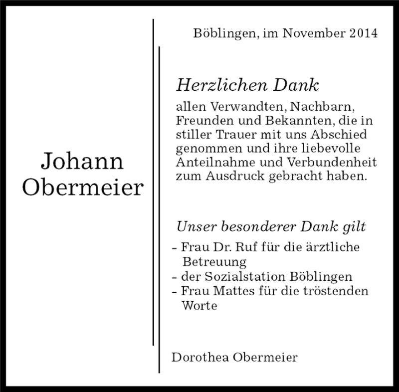  Traueranzeige für Johann Obermeier vom 27.11.2014 aus Kreiszeitung Böblinger Bote