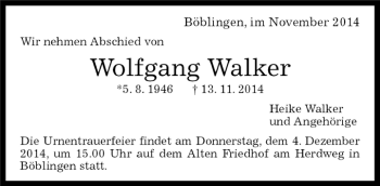 Traueranzeige von Wolfgang Walker von Kreiszeitung Böblinger Bote
