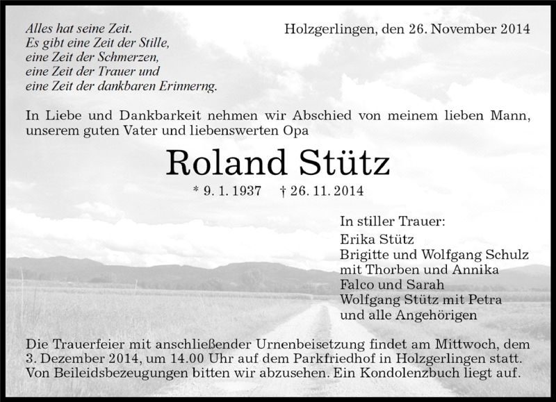  Traueranzeige für Roland Stütz vom 28.11.2014 aus Kreiszeitung Böblinger Bote