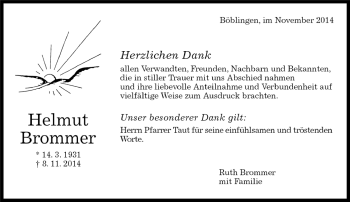 Traueranzeige von Helmut Brommer von Kreiszeitung Böblinger Bote
