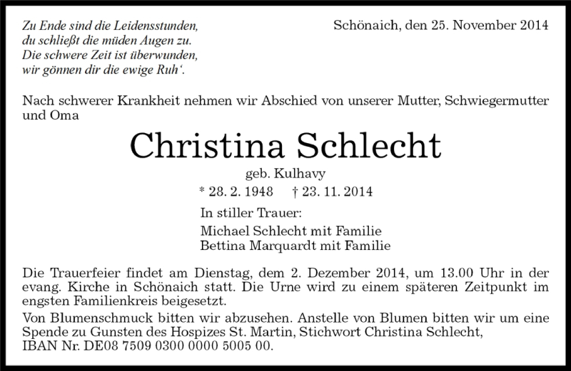  Traueranzeige für Christina Schlecht vom 29.11.2014 aus Kreiszeitung Böblinger Bote