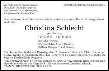 Traueranzeige von Christina Schlecht von Kreiszeitung Böblinger Bote