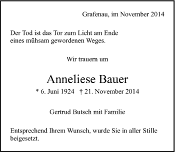 Traueranzeige von Anneliese Bauer von Kreiszeitung Böblinger Bote