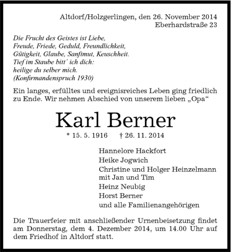 Traueranzeige für Karl Berner vom 01.12.2014 aus Kreiszeitung Böblinger Bote