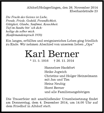 Traueranzeige von Karl Berner von Kreiszeitung Böblinger Bote