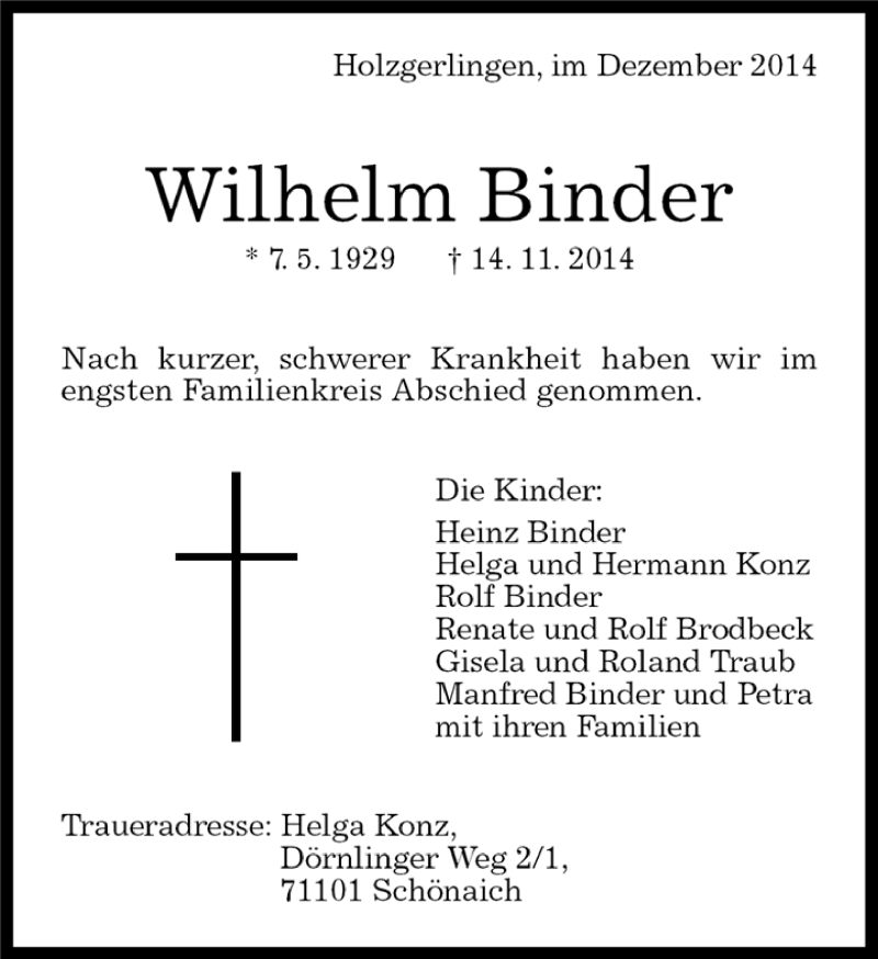  Traueranzeige für Wilhelm Binder vom 02.12.2014 aus Kreiszeitung Böblinger Bote