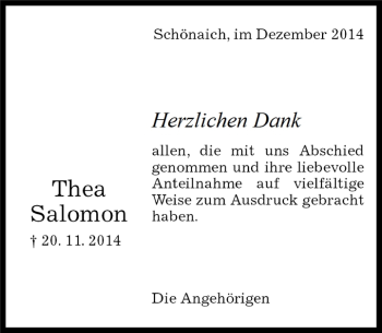 Traueranzeige von Thea Salomon von Kreiszeitung Böblinger Bote