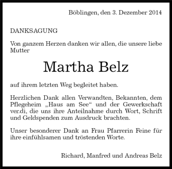 Traueranzeige von Martha Belz von Kreiszeitung Böblinger Bote