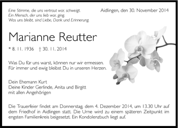 Traueranzeige von Marianne Reutter von Kreiszeitung Böblinger Bote