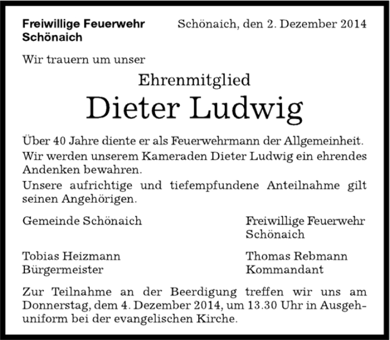  Traueranzeige für Dieter Ludwig vom 03.12.2014 aus Kreiszeitung Böblinger Bote
