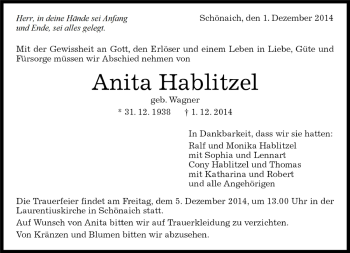 Traueranzeige von Anita Hablitzel von Kreiszeitung Böblinger Bote