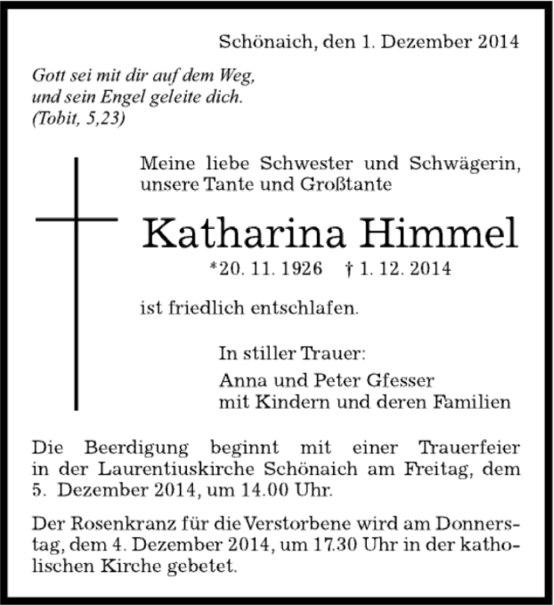  Traueranzeige für Katharina Himmel vom 03.12.2014 aus Kreiszeitung Böblinger Bote